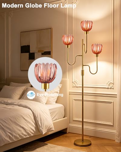 Image of 3-Light Red Tulip Glass Floor Lamp, Dimmable Standing Floor Lamp with 3 Bulbs Included, 3000K Warm White Gold Tall Floor Lamp for Living Room Bedroom Sofa Corner, Modern Romantic Reading Floor Lamp