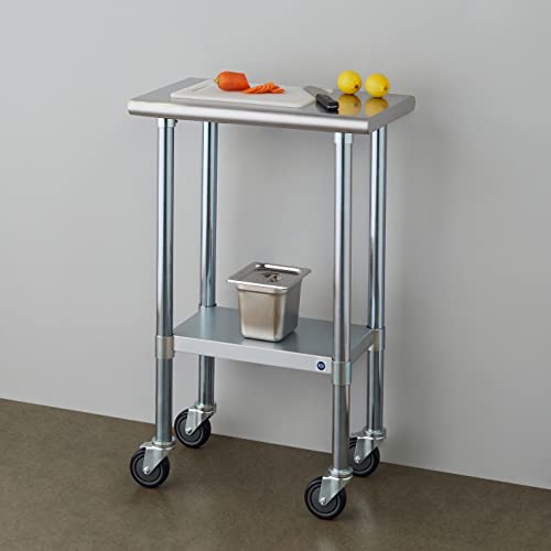 Image of ROCKPOINT Stainless Steel Table for Prep & Work with Caster Wheels 14x24 Inches, NSF Metal Commercial Kitchen Heavy Duty Table with Adjustable Under Shelf and Table Foot for Restaurant, Home and Hotel