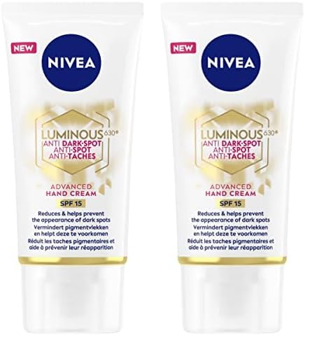 NIVEA Luminous 630 Crème Mains (1 x 50 ml), Crème anti taches pigmentaires pour les mains, Soin des mains anti-âge hydratant SPF 15 (Lot de 2)