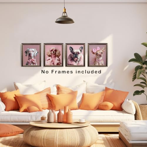 XUNLURY Coquette Pink Bow Funny Dog Wall Art Prints Unframed Set of 4, Dog Lover Gifts, Trendy Preppy Girly Cute Pet Artwork Wall Pictures for Girls Bedroom Dorm Home, 8x10 - image 3