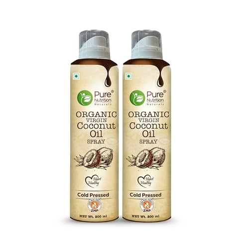 Image of Pure Nutrition Organic Extra Virgin Coconut Oil Spray - 400ml (200ml X 2) | 100% Pure, Edible & Cold Pressed | Ideal for Cooking, Baking & Salad Dressing | Non-GMO, Zero Cholesterol | Easy-to-Use Spray for Skin & Hair Care