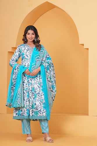 Image of Women's Indigo Blue Printed Anarkali Kurta with Palazzo Set, Long Sleeve V-Neck Ethnic Wear (IN, Alpha, 2XL, Regular, Sky Blue)
