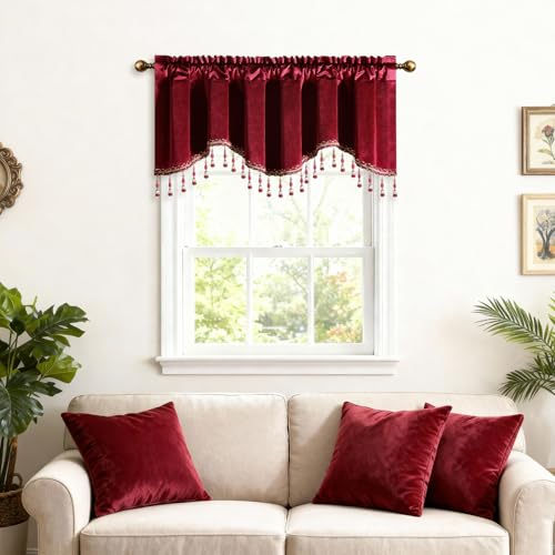 Leeva Burgundy Velvet Kitchen Valance for Windows, Solid Color Wave