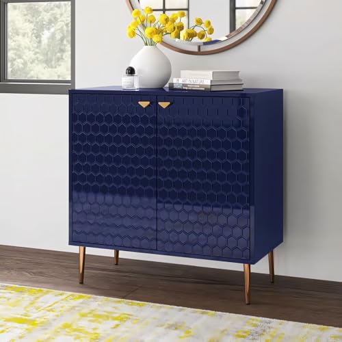 Image of Hexagon Pattern Wooden Sideboard Cabinet | 2 Door Storage Unit with Metal Legs | Premium HDMR Wood Console Cabinet for Living Room, Kitchen & Dining | DIY Leg Assembly | Blue