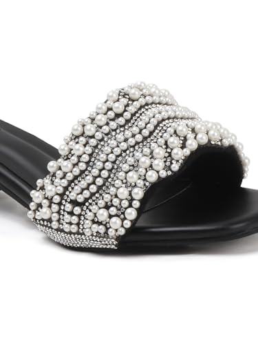 Image of ELLE Women's Elegant Pearl Sandal Beaded Low Heel Sandals for Special Occasions