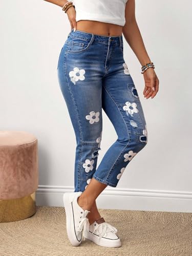 Urchics Womens Casual Pants Women Floral Print Pocket Ripped Skinny Casual Jeans, Versatile3