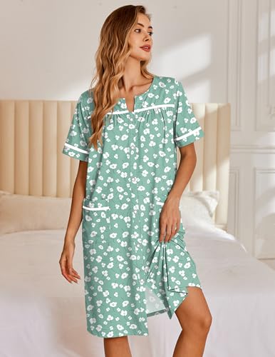 Image of Ekouaer Nightgowns for Women House Dress with Pockets Snap Front House Coat Short Sleeve Duster Moo Moos Sleepwear S-3XL