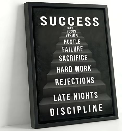 Framed Success Staircase Canvas Wall Art Motivational Success Inspiring With Discipline Ambition Wall Decor Picture Positive Quote Poster Print Painting for Office Classroom Home Decoration