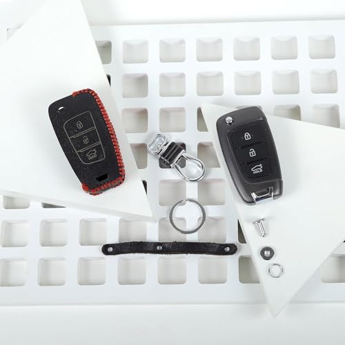 Image of Leather Smart Car Key Cover Case with Metal Hook Keychain for New Verna (Black)