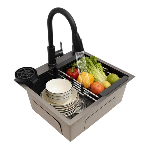 Évier Cuisine Multifonction, Évier Inox Avec Robinet Extractible 40Cm, Lave Verre Automatique Panier Égouttoir Distributeur Savon, Bac Rectangulaire 50X45Cm...
