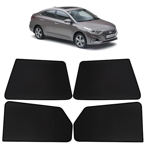 Image of OTO2EYE Car Sun Shade Compatible for Hyundai Verna Model-2017 to 2019, Z-Black Fix Type Side Window Curtains, Only Half Cut in Front Window, 4 Pieces Set