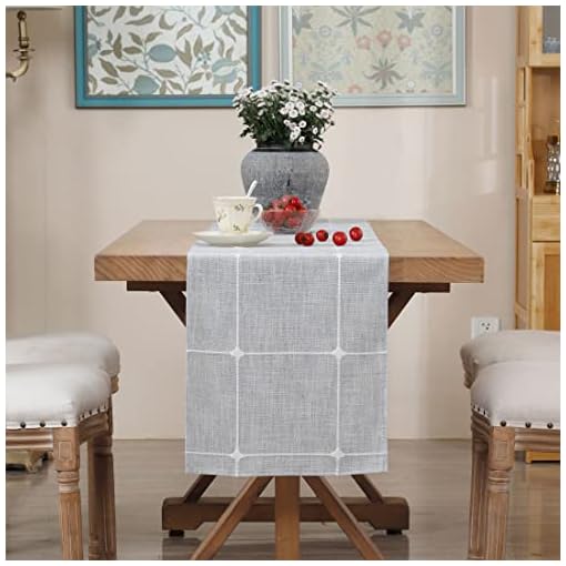 Embroidered Linen Table Runner Rustic Plaid Farmhouse Table Runners Checkered Rectangle Runnerl for Dinning Dresser Coffee Party Holiday Table Decor Grey 13 x 48 inch - Image 5