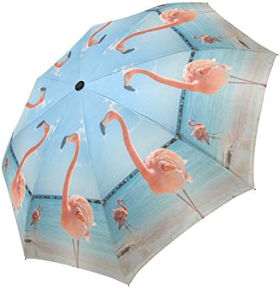 InterestPrint Pink Flamingos Animal on Tropical Beach Windproof Auto Open and Close Foldable Umbrella, Travel Unbreakable Compact Sun and Rain Umbrella UV Protection