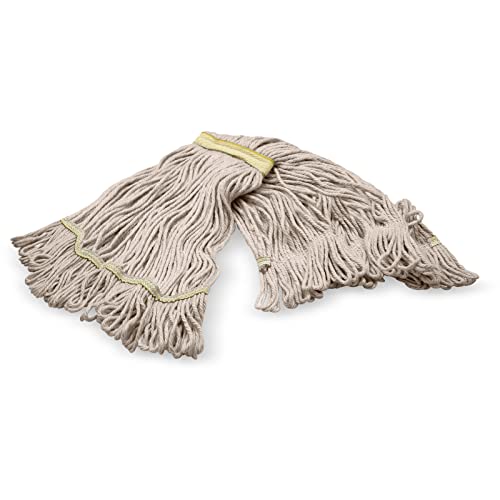 Image of SPARTA Flo-Pac Acrylic Mop Head, Loop-Ended, Narrow Band with 1 inch Yellow Band for Organized Cleaning, Small, Natural (Pack of 3)