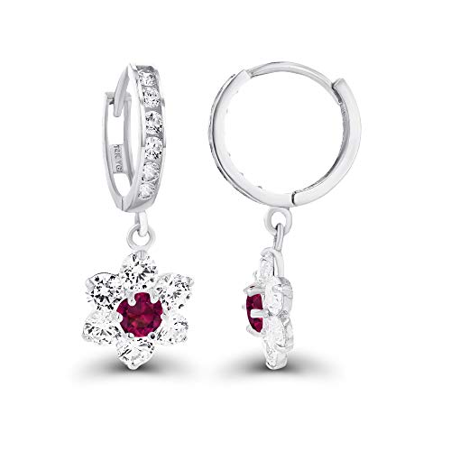 Sterling Silver Rhodium 3.5mm Created Ruby & Created White Sapphire Flower Dangling Huggie Earrings