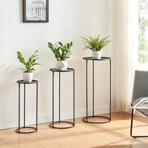 [en.casa] Set di 3 Consolle Portavasi Piedistalli per Piante con Piano Sottovaso Rotondo Portapiante in Dimensioni Diverse - Metallo Nero