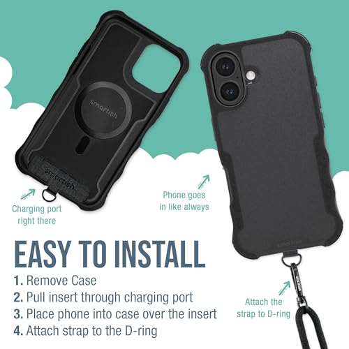Image of Smartish iPhone 16 MagSafe Case with Crossbody Lanyard Strap - Gripzilla - [Slim + Protective] Magnetic Armor Case with Universal Detachable Shoulder Neck Strap - Black Tie Affair