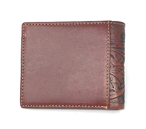 Western Genuine Tooled Leather Laser Cut Men's Bifold Short Wallet in 8 Colors (Brown/Brown)2