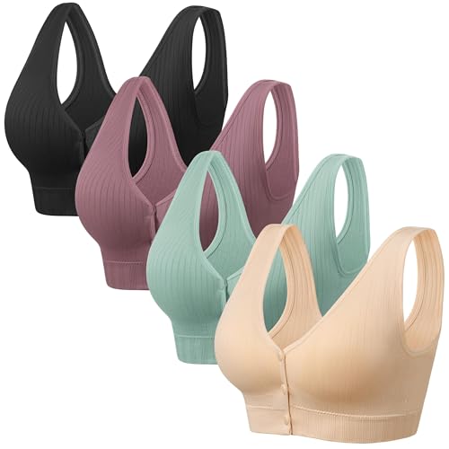 Image of Angelhood Front Close Wireless Bras for Women, Smoothing Padded Bralette, Comfortable Snap Closing Bras, 4 Pack