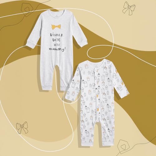 Image of Mothercare Girls Autumn Charm Printed Full Sleeve All-In-One Romper | Soft Cotton Jumpsuit Bodysuit for Baby & Toddler | (Pack of 2)