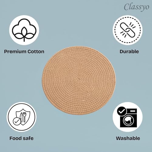 Image of Classyo Cotton Coasters for Dining Table, 10 inch (Beige, Pack of 2) | Round Placemats for Hot Pots, Plates and Pans | Dining Table Placemats | Dining Table Mat | Washable Round Table Mats