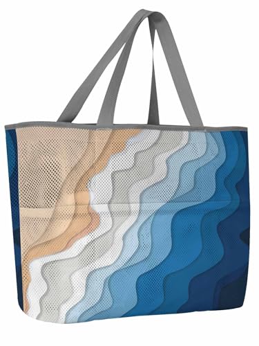 Beach Bags Women Mesh Tote Bag Abstract Blue Beige Gradient Stripe Toy Grocery Pool Bag with Pockets for Travel/Picnic