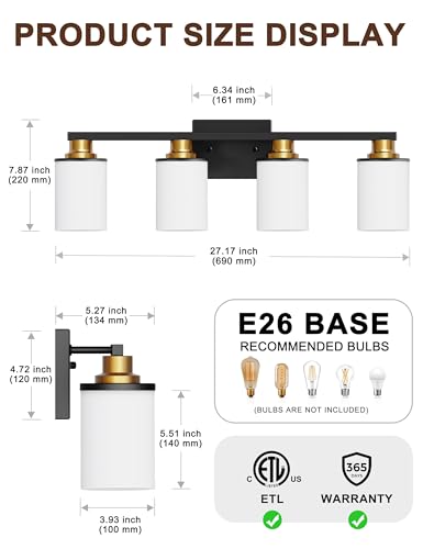 Image of DORESshop 4-Light Black and Gold Bathroom Light Fixtures Over Mirror with Milk Glass Shade, Modern Vanity Lights, ETL Listed