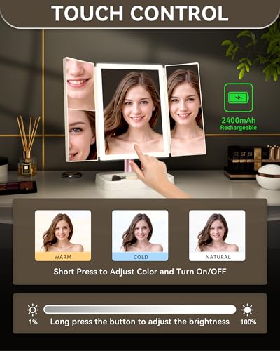 BERTHALESS for Mom Makeup Mirror Vanity Mirror with Lights, 14.4"L x 9.1"W Rechargeable Lighted Mirror with 1X 2X 3X Magnification, 76 LEDs & 3 Color Modes, Valentines Day Gifts for Her, for Teengirls