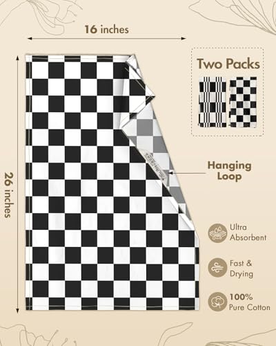 Image of Miss Adola 2 Pack Flour Sack Kitchen Towels - 16x26 Inch Black and White Cotton Dish Towels with Hanging Loop Reusable Modern Tea Towel Absorbent Dishcloths Home Decor, Checkered
