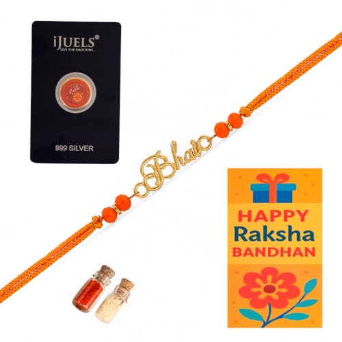 Image of iJuels 925 Pure Silver Rakhi Combo for Brother | BIS Hallmarked Silver Rakhi with 22 kt gold plating + 1 Gram 999 Silver Coin + Greeting Card + Roli Chawal | Raksha Bandhan Gift Set