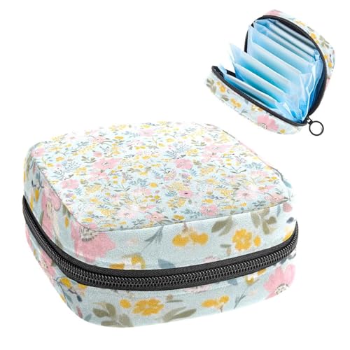 Sanitary Pads Bags, Pink Yellow Florals Blue Background Menstrual Cup Pouch Nursing Pad Holder, First Period Kit Bags for Teen Girls Women Ladies