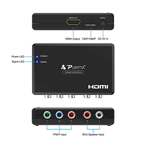 PORTTA Component to HDMI Converter with Scaler 1080p 720p, YPbPr + R/L Audio to HDMI Adapter, 5 RCA RGB to HDMI Video Converter for PS2 PS3 PSP DVD Wii Xbox 360