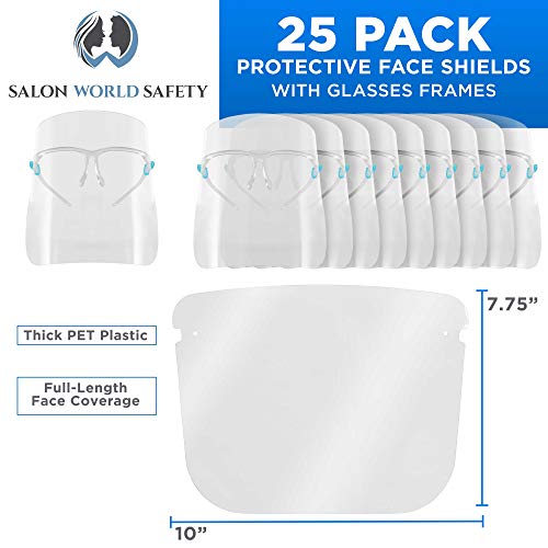 Image of TCP Global Salon World Safety Face Shields with Glasses Frames (Pack of 25) - Ultra Clear Protective Full Face Shields to Protect Eyes, Nose, Mouth - Anti-Fog PET Plastic, Goggles
