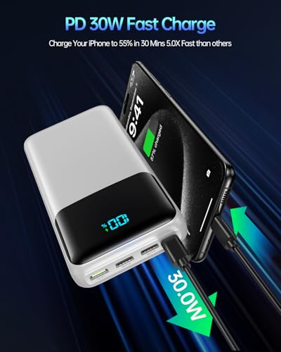 Image of Portable Charger Power Bank 50000mAh, USB-C PD 30W Fast Charging, High Capacity External Battery Pack for Camping, Portable Phone Charger for iPhone 17 /16 /15 /14 /13 /12 /11 Samsung Android (White)