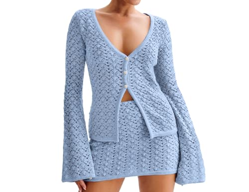 Women Crochet 2 Piece Outfits Set Swimwear Cover Up Flared Long Sleeve Button Down Tops Beach Mini Skirt Vacation Outfits