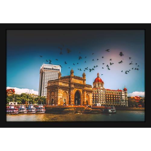 Image of Mad Masters Gateway Of India Mumbai India Painting Hanging Photo Frame Decorative Item for Living Room, Bedroom, Home Decor and Wall Decoration (MM 1549, 45.7L x 30.5W cm, Paper, With Plexi Glass)