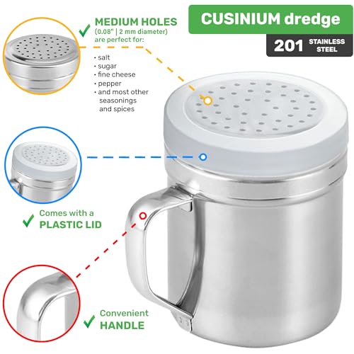 CUSINIUM Metal Salt Pepper Dredge Shakers - With Handle - Seasonings Spice Shakers With Holes and Lids - 10 Ounce, 2pcs | Style: Medium
