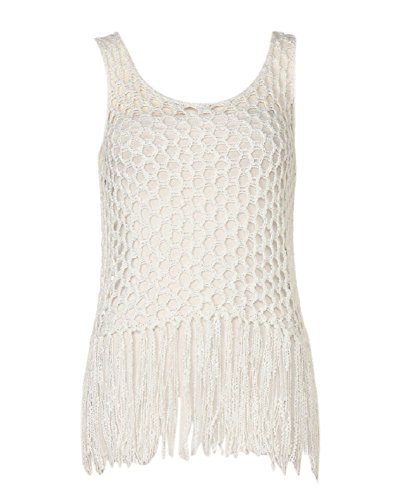MINKPINK Castles Made of Sand White Sleeveless Knit Fringe Tank Top Cover-Up (XS)