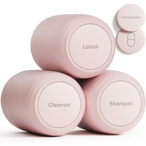 New Travel Toiletry Containers [Ultra Leakproof] TSA-Approved, PLA Hard Shell Jars with 5 Magnetic Labels, Wide Mouth Bottles for Lotion, Cleanser, Shampoo, Conditioner, Pink, 3 Pack, 2OZ