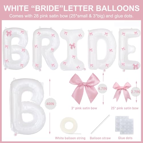 Image of White Bride Balloons 40 inch with Ribbon Bows for Bridal Shower Bride to Be Bachelorette Party Decorations Wedding Engagement Party Decor (Pink)