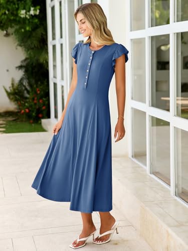 Image of Simplee Womens Summer Casual Dress - Flutter Short Sleeve Beach Boho A Line Flowy Button Crewneck Long Dress(Dark Blue,Large)