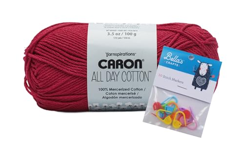 Caron All Day Cotton Yarn - 100g/3.5oz - 100% Mercerized Cotton - 173 Yards Bundle with Bellas Crafts Stitch Markers (Red Lip)