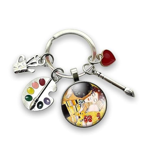 Geschenk Schlüsselanhänger « Der Kuss » von Gustav Klimt, Maler, Malerei, Leinwand mit Glas-Cabochon und Charms Palette, Pinsel, Pastell und Herz, Kreation Geschenk Schlüsselanhänger « Der Kuss » von Gustav Klimt, Maler, Malerei, Leinwand mit Glas-Cabochon und Charms Palette, Pinsel, Pastell und Herz, Kreation
