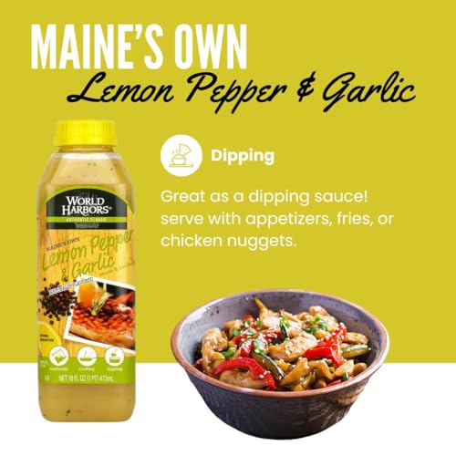 World Harbors Lemon Pepper Garlic Sauce & Marinade, Made in Maine, Ideal for Chicken Wings, Seafood, Grilled Meats, Salads, Stir-Fries, Sandwiches, Salads, Garnish Dipping Sauce 16 oz (Pack of 2)