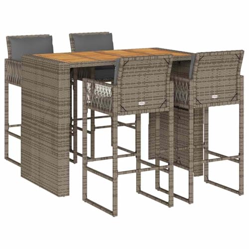 vidaXL 5-TLG. Gartenbar-Set mit Kissen Grau Poly Rattan Akazie, Garten...