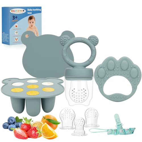 Image of Baby Breastmilk Popsicle Molds & Baby Fruit Feeder (3 Pack), WAJIAYON Infant Food Freezer Tray Storage Containers, Silicone Teething Pacifier Feeder and Teether for Babies(Blue)