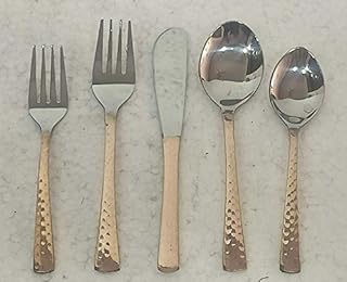 Copper Portal Indian Handmade hand Hammered Stainless Steel Pure Copper Ayurveda Cutlery Set, 6 Spoon 6 Fork 6 Knief 6 Baby Spoon 6 Baby Fork Kitchen Ware Dinnerware Tableware Set