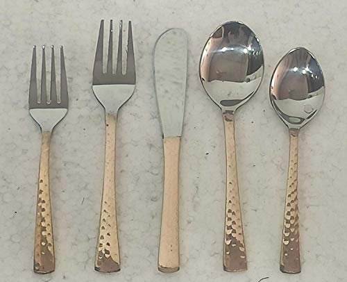 Copper Portal Indian Handmade hand Hammered Stainless Steel Pure Copper Ayurveda Cutlery Set, 6 Spoon 6 Fork 6 Knief 6 Baby Spoon 6 Baby Fork Kitchen Ware Dinnerware Tableware Set