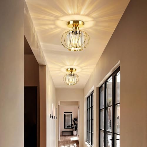 Image of FRIDEKO HOME Gold Crystal Ceiling Light Fixture - Crystal Chandelier Small Semi Flush Mount Ceiling Light Modern Lights Ceiling Mount for Hallway Kitchen Entryway Bedroom Bathroom (2 Pack, 7.48 Inch)