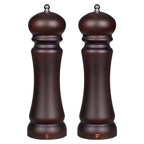 Vevouk Classic Wood Salt and Pepper Mill Set, Wooden Spices Grinder Shaker, Home Cooking Set of 2 Rustic 100% Beech Wood, Manual Grinder with Adjustable Coarseness, Refillable Spice Grinders Cover